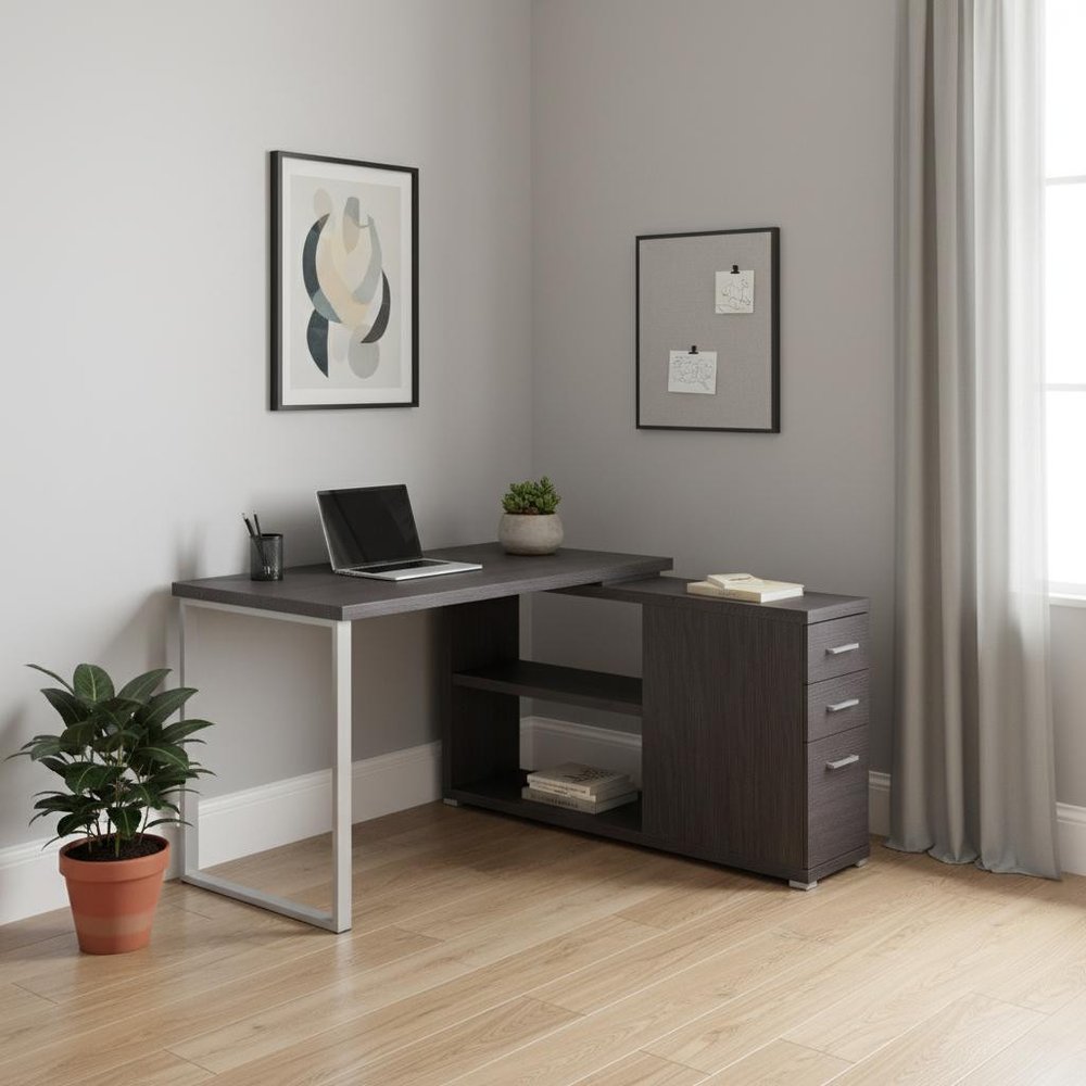 47" White and Silver L Shape Computer Desk With Three Drawers