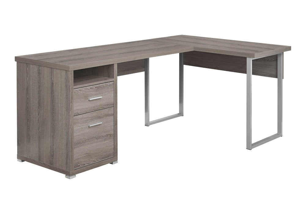 47" Taupe and Silver L Shape Computer Desk With Two Drawers