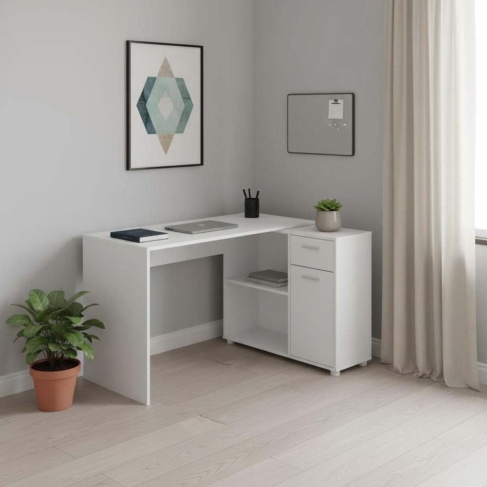 34" White L Shape Computer Desk With Two Drawers