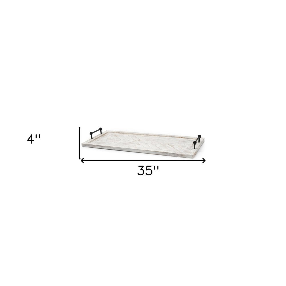35" White and Natural Wood Indoor Outdoor Tray With Handles