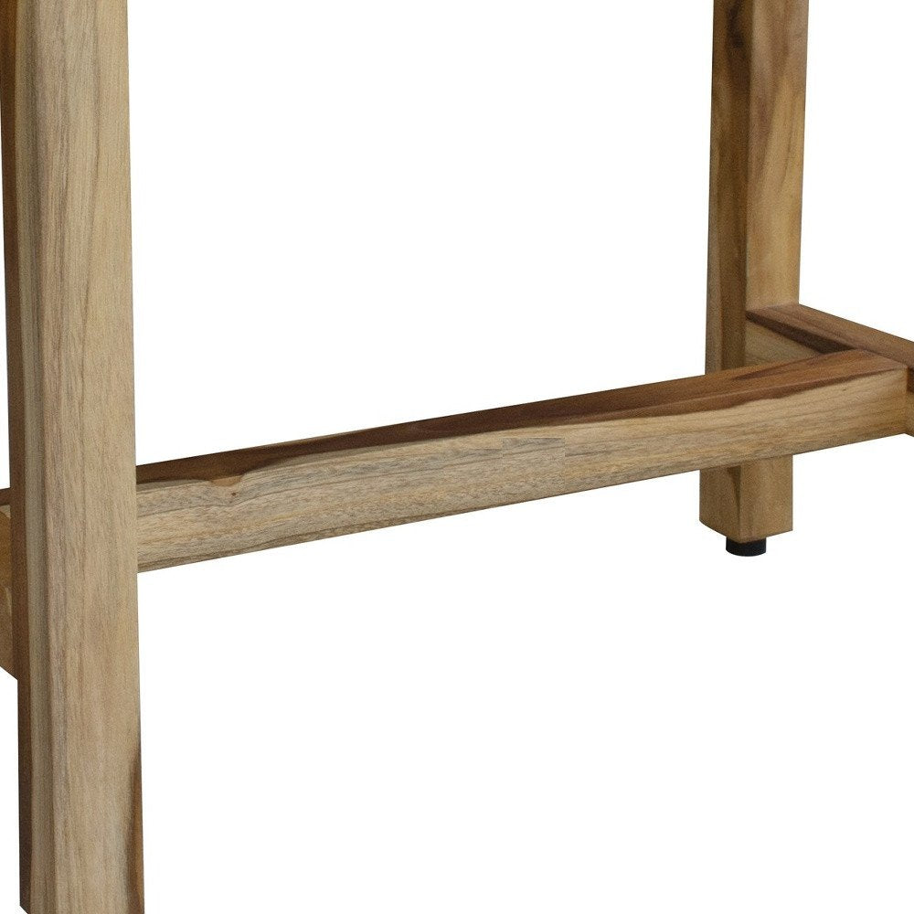 Compact Rectangular Teak Shower Outdoor Bench With Shelf In Natural Finish