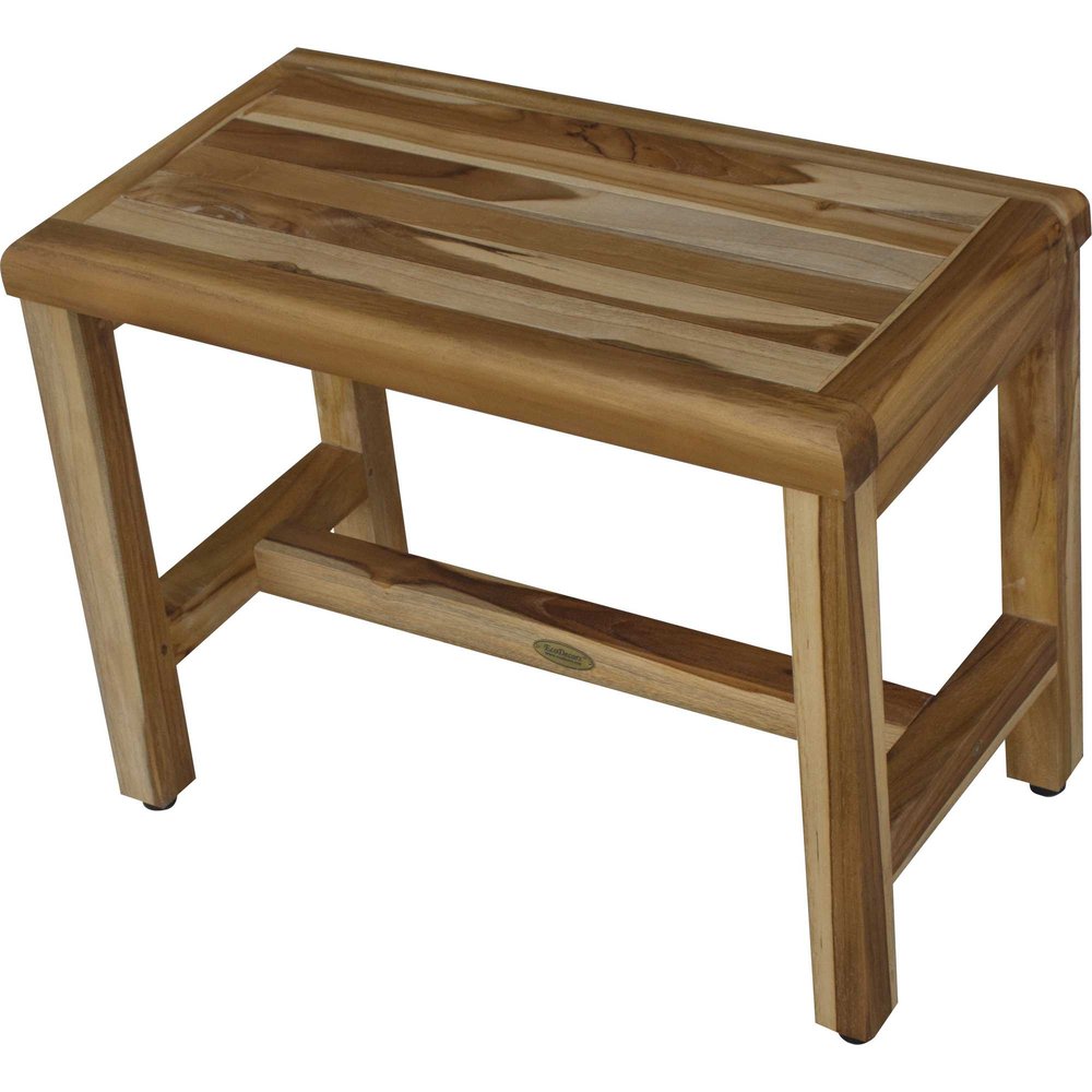 Compact Rectangular Teak Shower Outdoor Bench With Shelf In Natural Finish