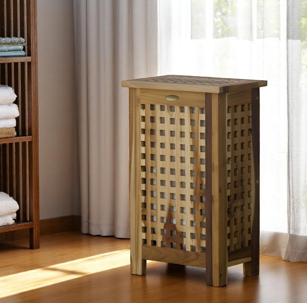 24" Brown Solid Wood Lattice Laundry Hamper With Lid