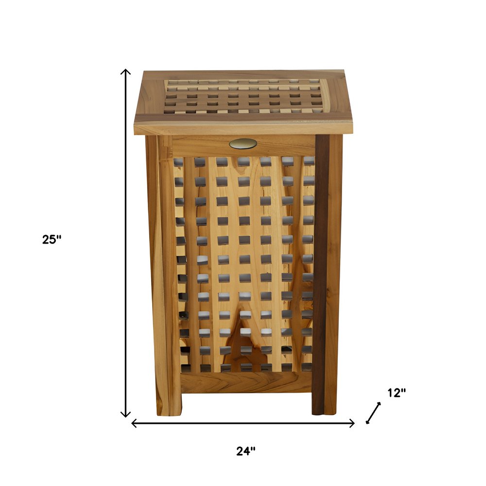24" Brown Solid Wood Lattice Laundry Hamper With Lid