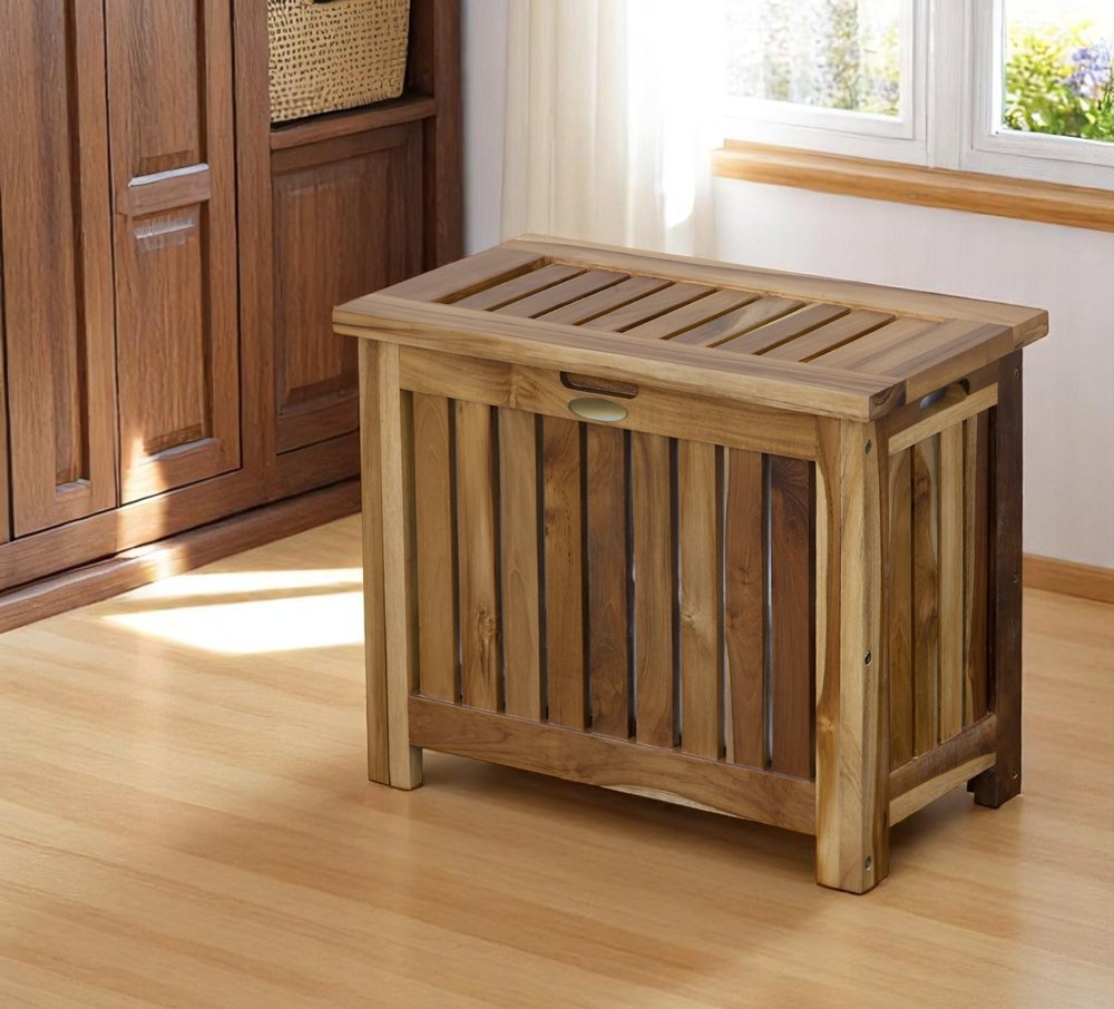 23" Brown Solid Wood Laundry Hamper With Lid