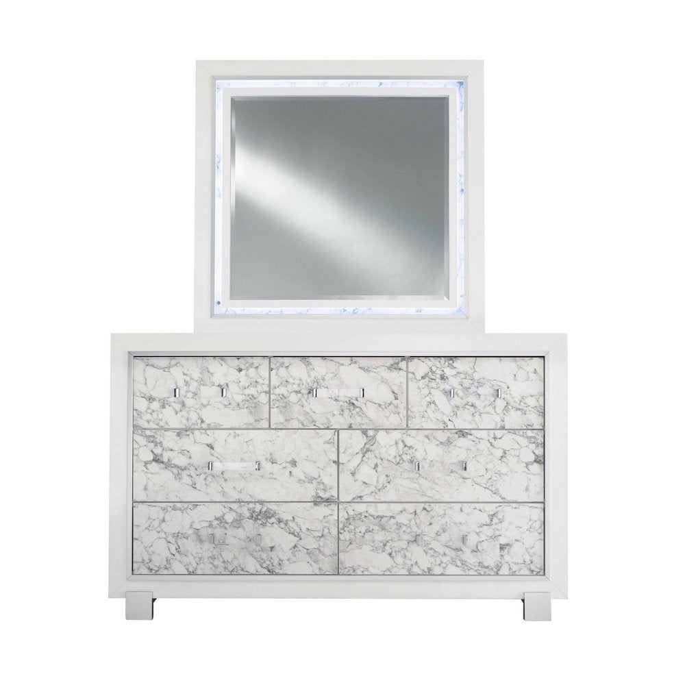 Modern White Chest With 5 Faux Marble Detailed Front Drawer.