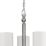 Silver Candle Style Three Light Metal and Crystals Dimmable Chandelier With White Shades