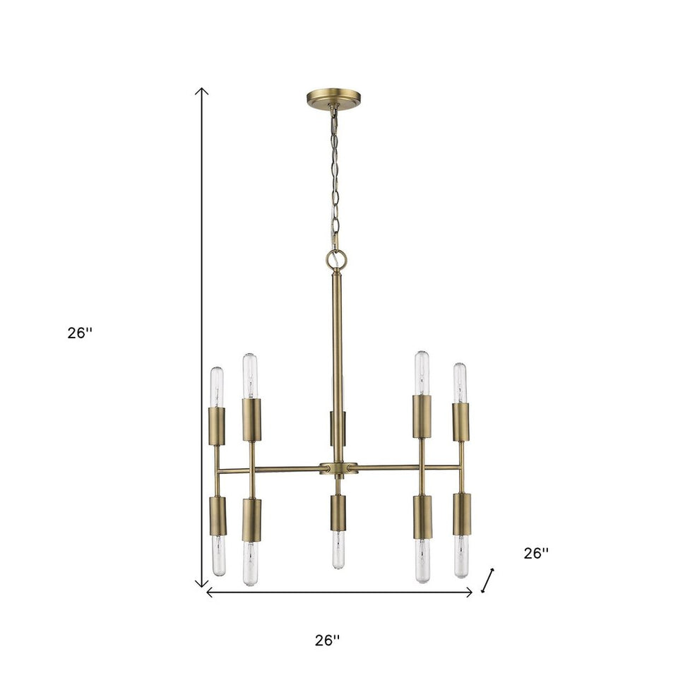 Brass Candle Style Ten Light Metal Dimmable Chandelier
