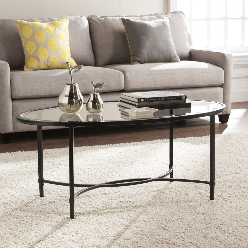 45" Clear and Black Glass and Metal Oval Coffee Table