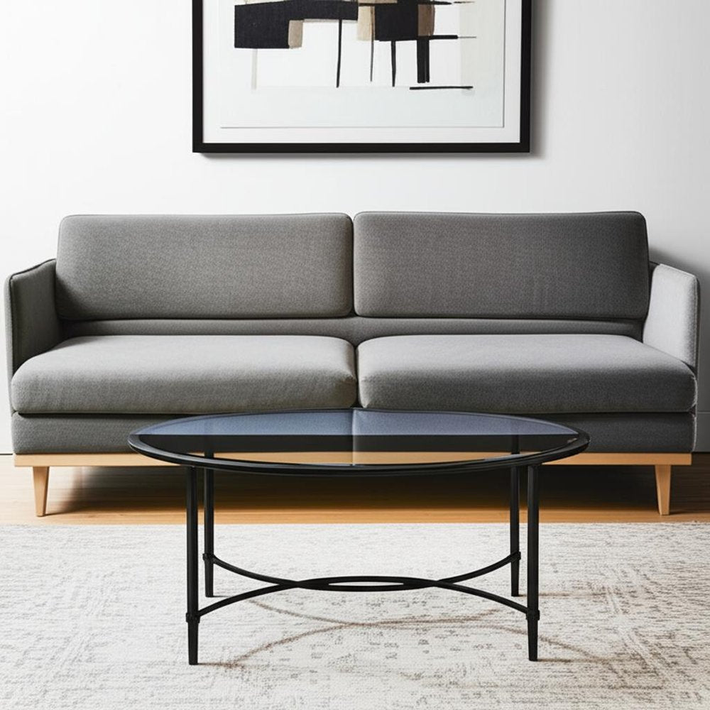 45" Clear and Black Glass and Metal Oval Coffee Table