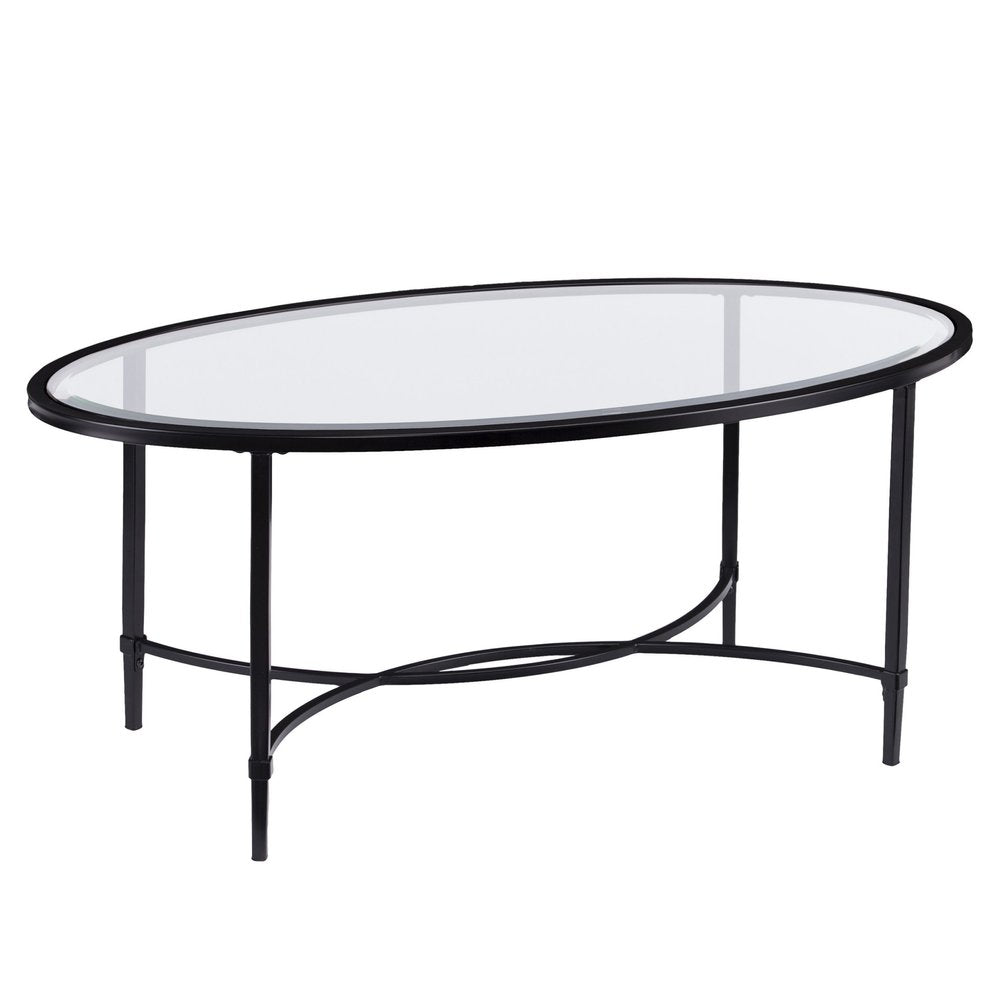 45" Clear and Black Glass and Metal Oval Coffee Table