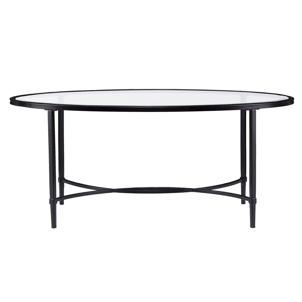 45" Clear and Black Glass and Metal Oval Coffee Table