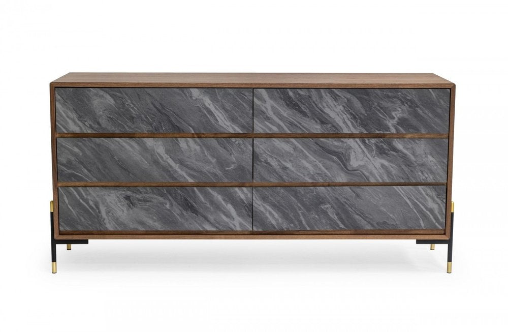 30" Walnut And Grey Manufactured Wood Five Drawer Chest