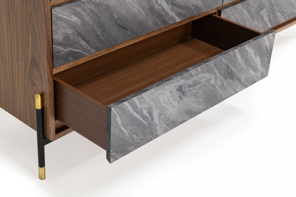 30" Walnut And Grey Manufactured Wood Five Drawer Chest
