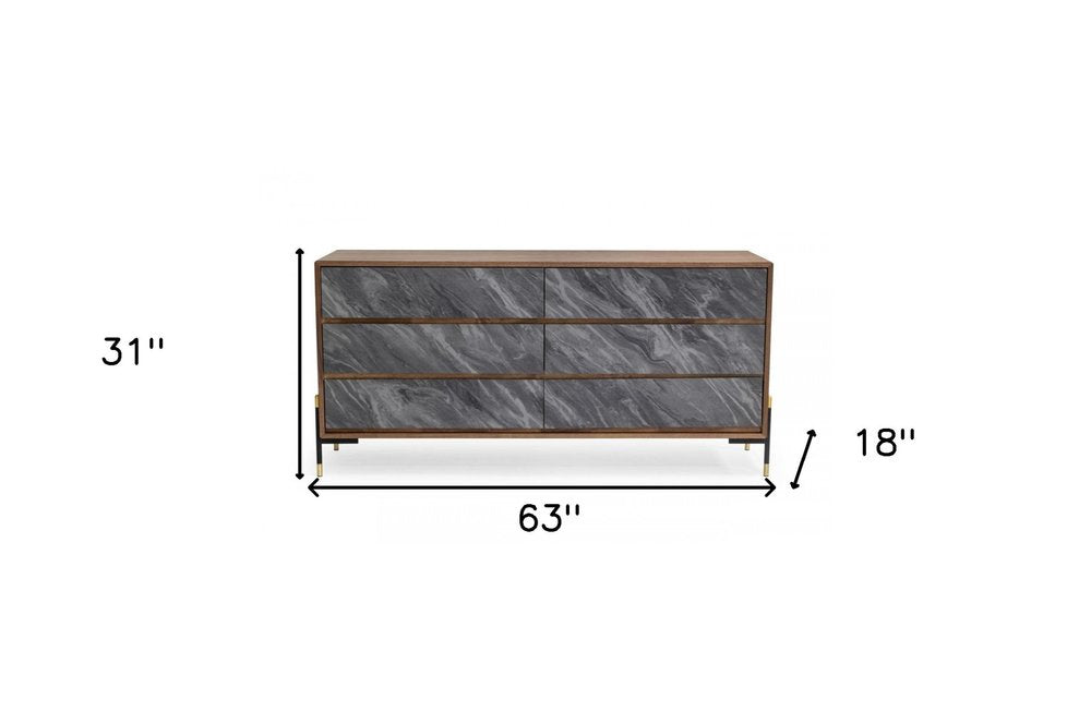 30" Walnut And Grey Manufactured Wood Five Drawer Chest