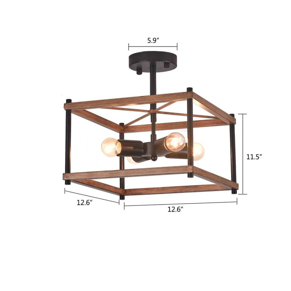 Industrial Wood Square Four Light Ceiling Fixture