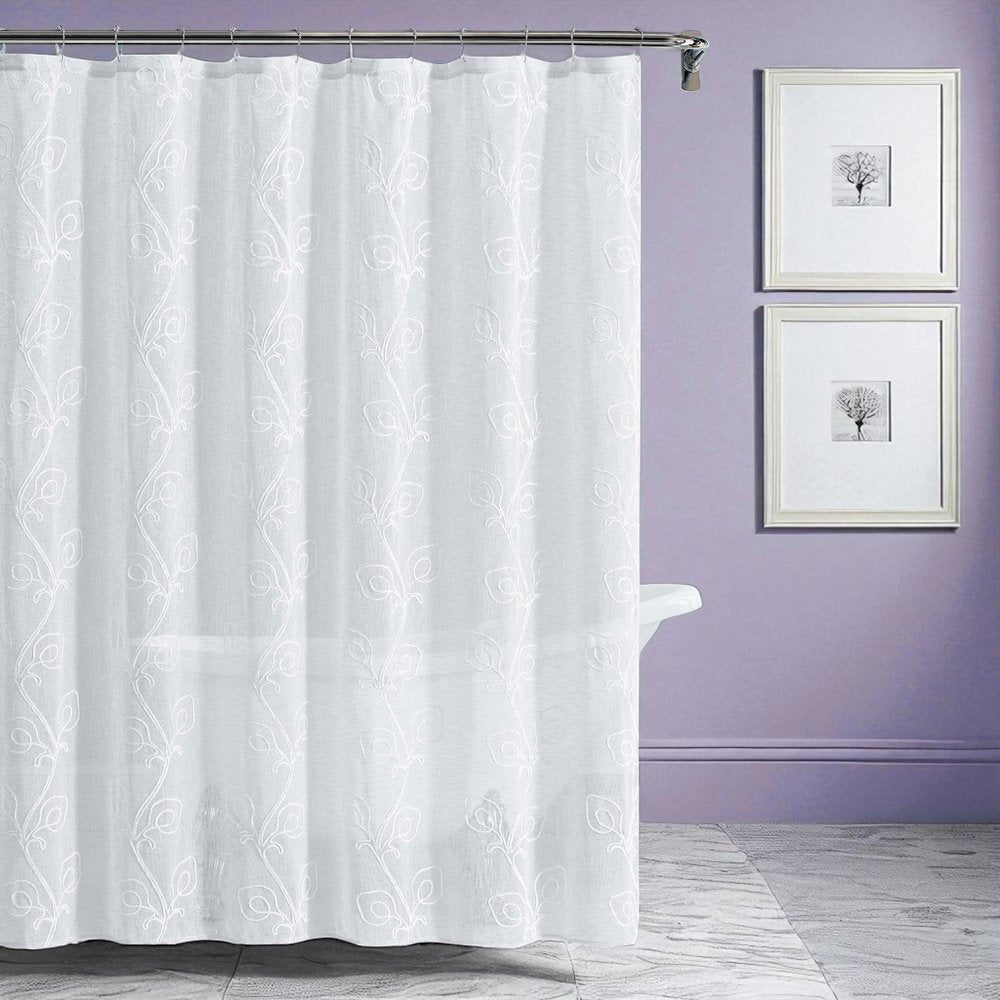 72" White Floral Faux Linen Shower Curtain With Embroidery