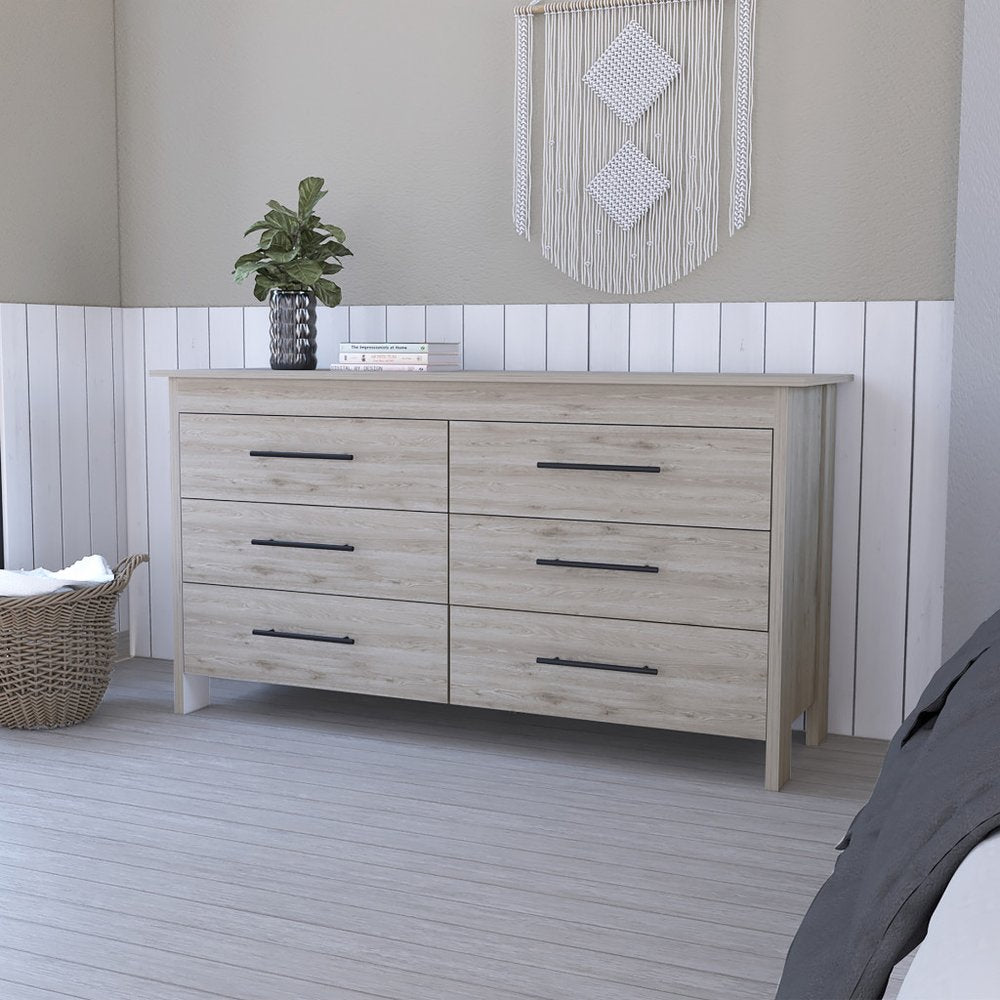 59" Natural and Black Six Drawer Double Dresser