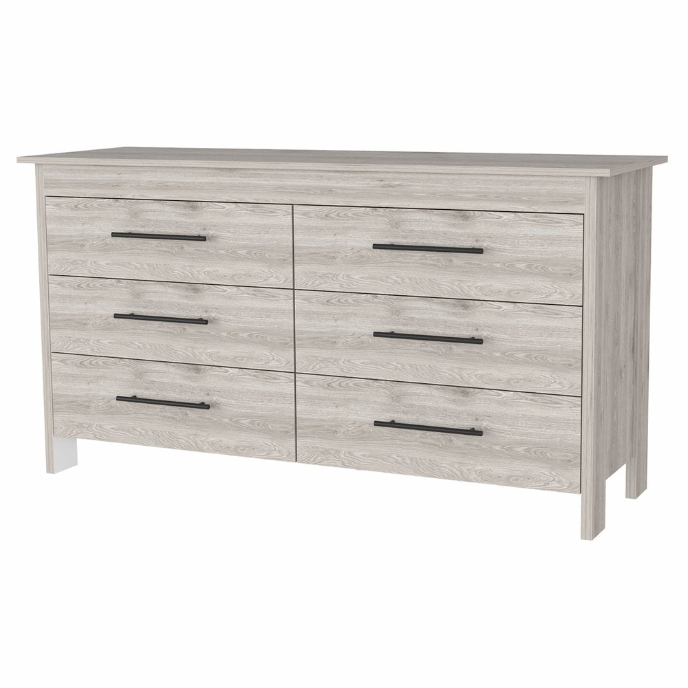 59" Natural and Black Six Drawer Double Dresser