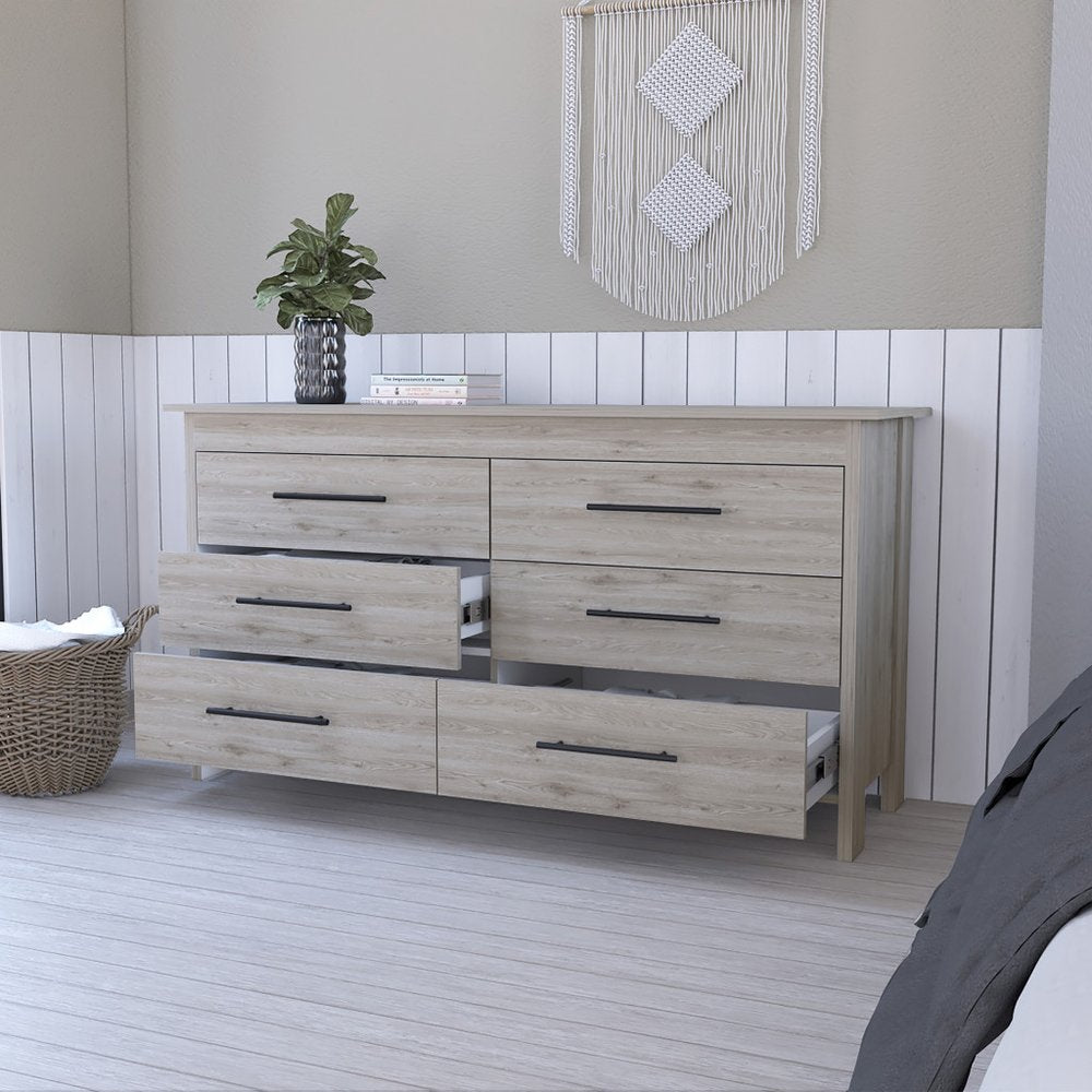 59" Natural and Black Six Drawer Double Dresser