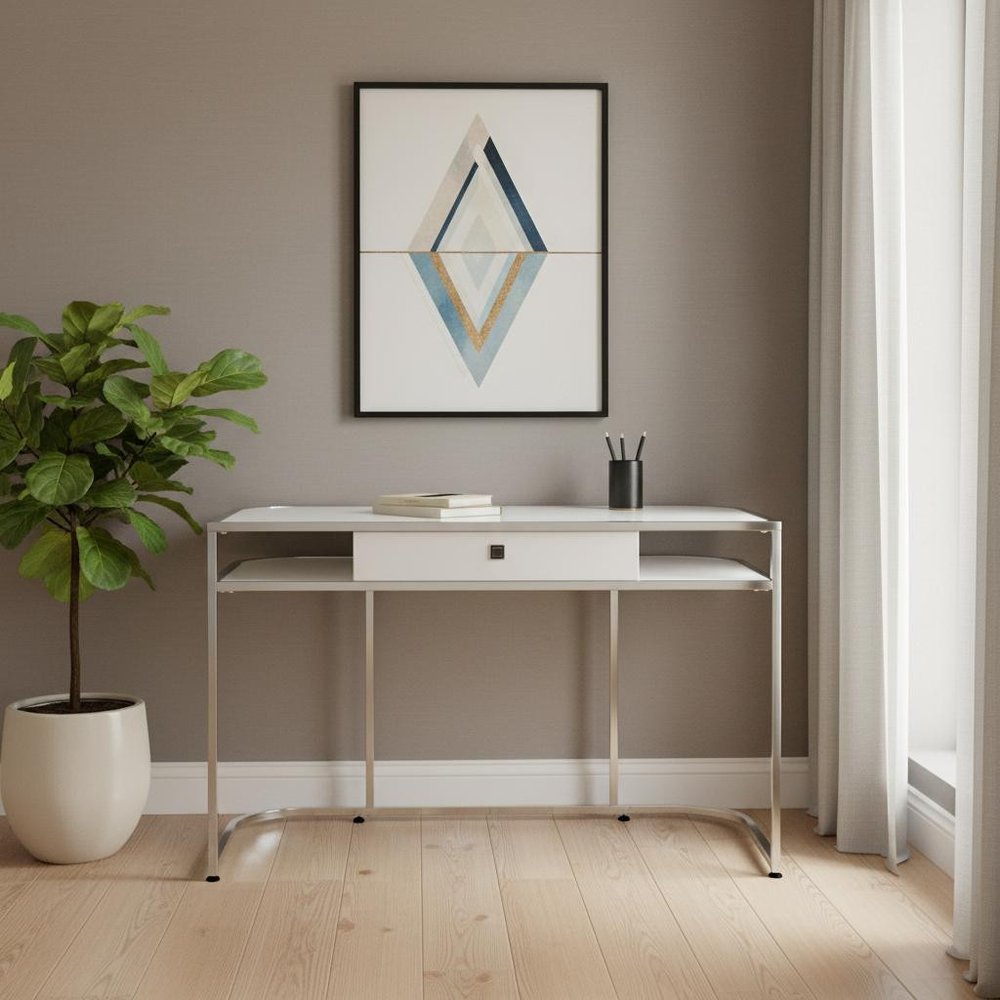 47" White and Silver Wood and Metal Sled Computer Desk