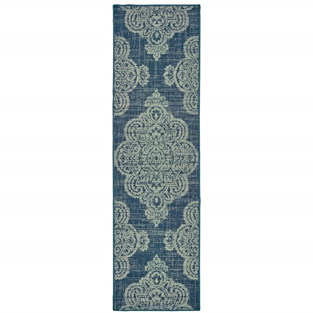 2' X 4' Blue Oriental Stain Resistant Indoor Outdoor Area Rug