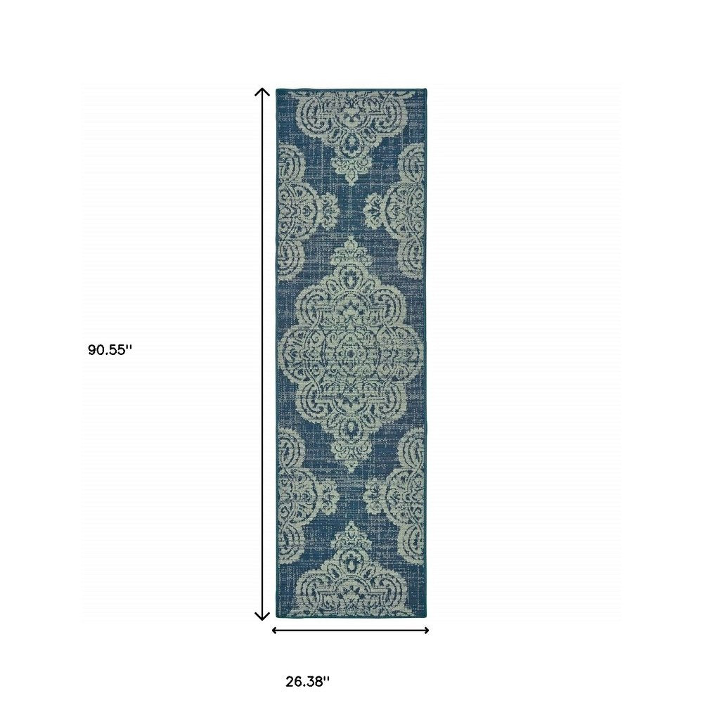 2' X 4' Blue Oriental Stain Resistant Indoor Outdoor Area Rug