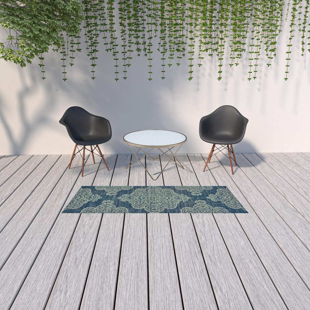 2' X 4' Blue Oriental Stain Resistant Indoor Outdoor Area Rug