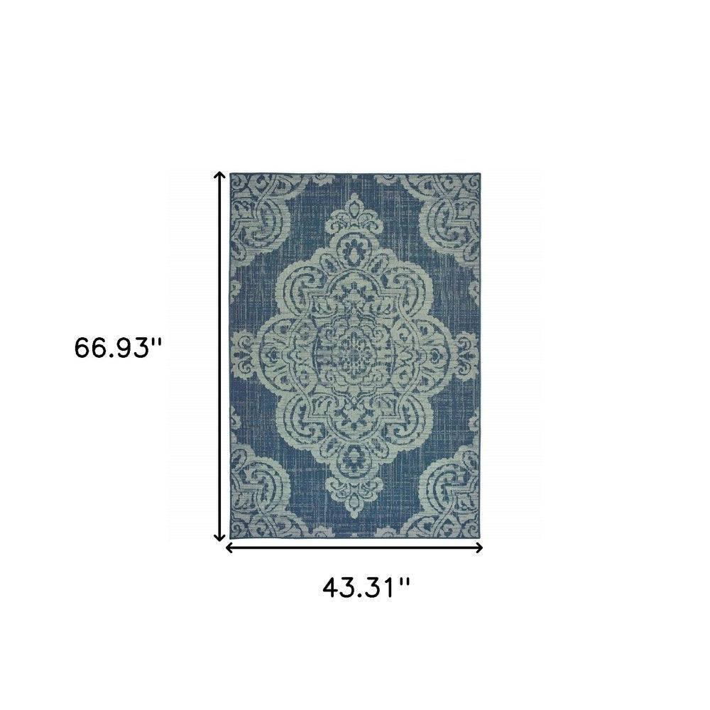 2' X 4' Blue Oriental Stain Resistant Indoor Outdoor Area Rug