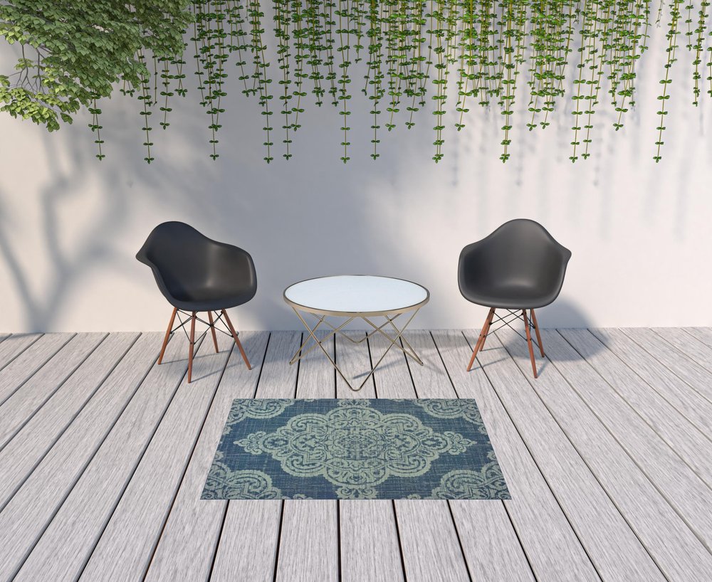 2' X 4' Blue Oriental Stain Resistant Indoor Outdoor Area Rug