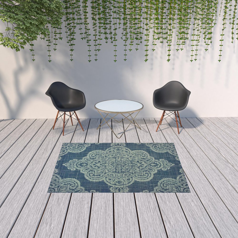2' X 4' Blue Oriental Stain Resistant Indoor Outdoor Area Rug