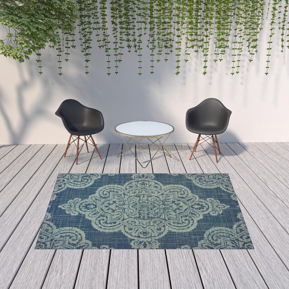2' X 4' Blue Oriental Stain Resistant Indoor Outdoor Area Rug