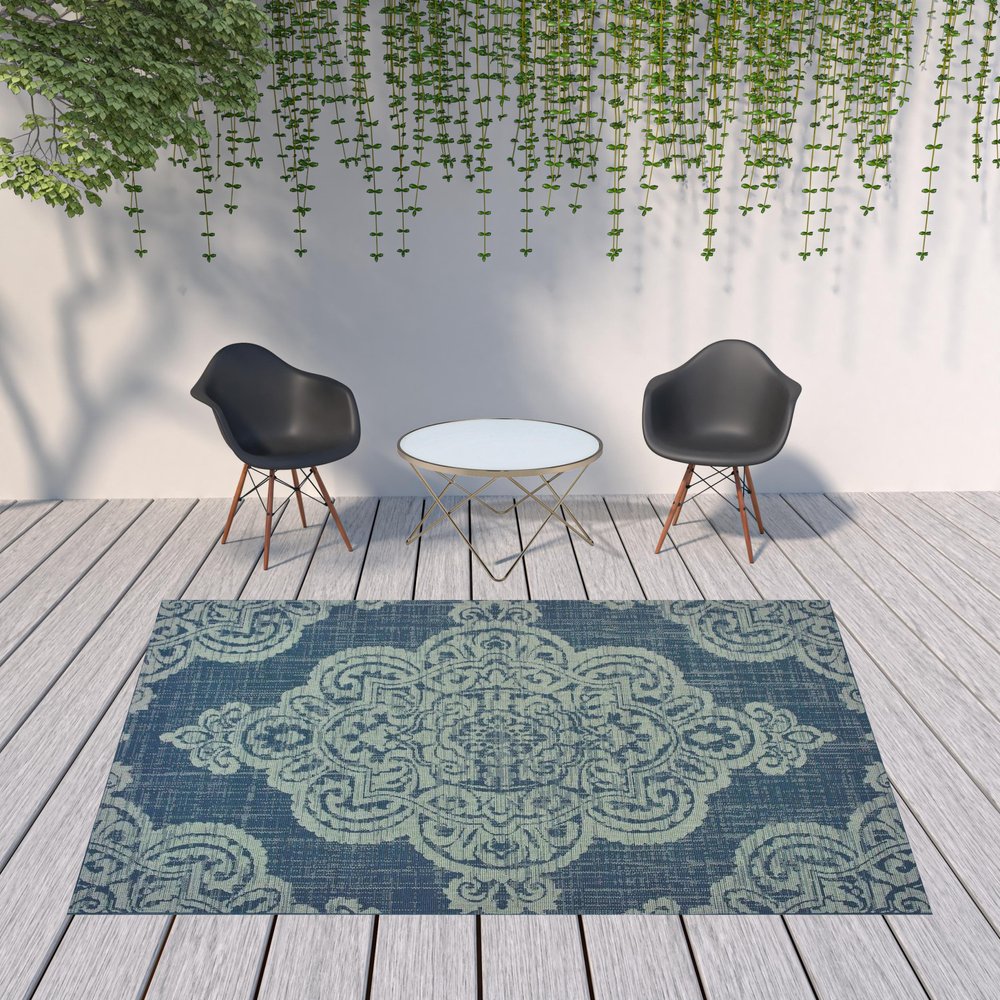 2' X 4' Blue Oriental Stain Resistant Indoor Outdoor Area Rug