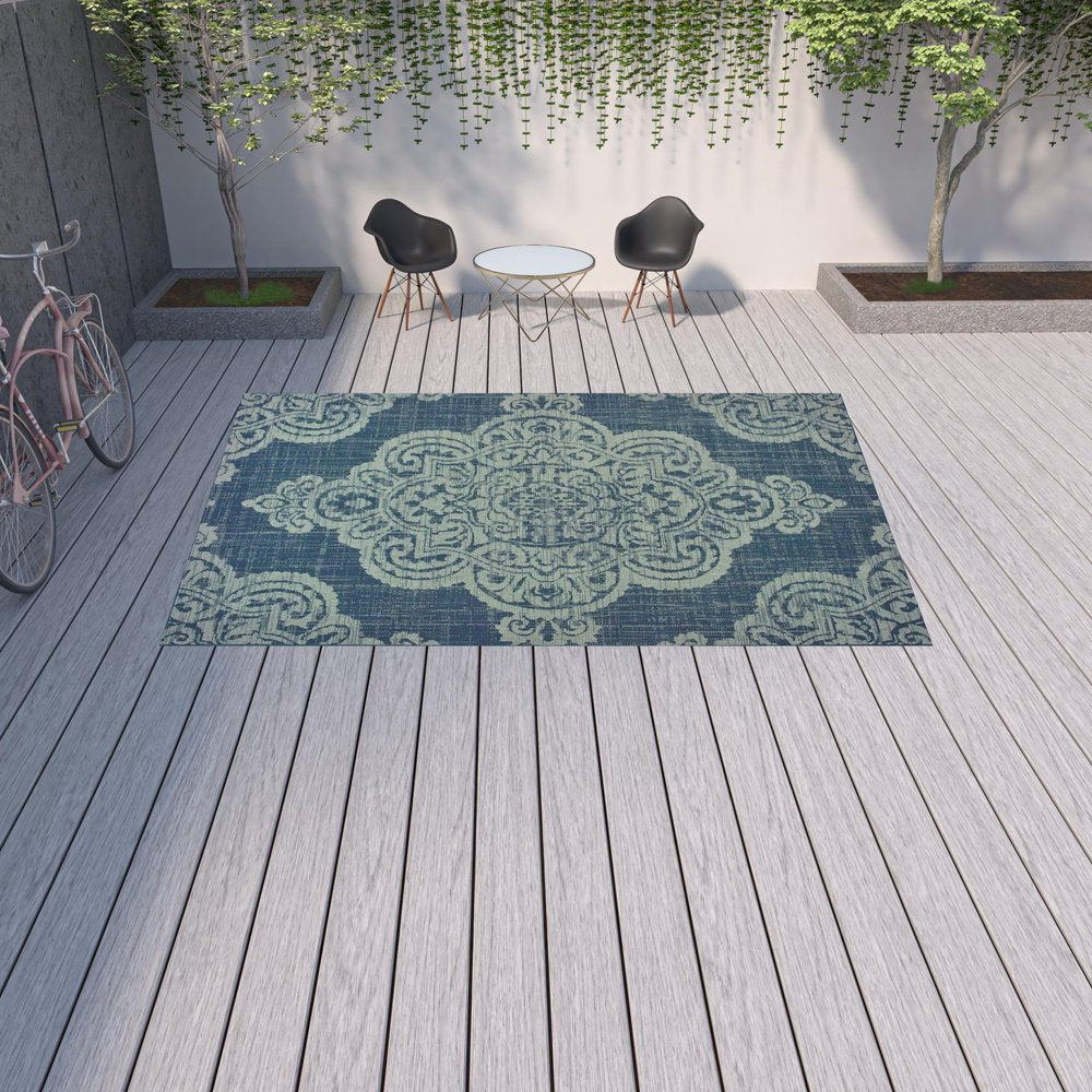 2' X 4' Blue Oriental Stain Resistant Indoor Outdoor Area Rug