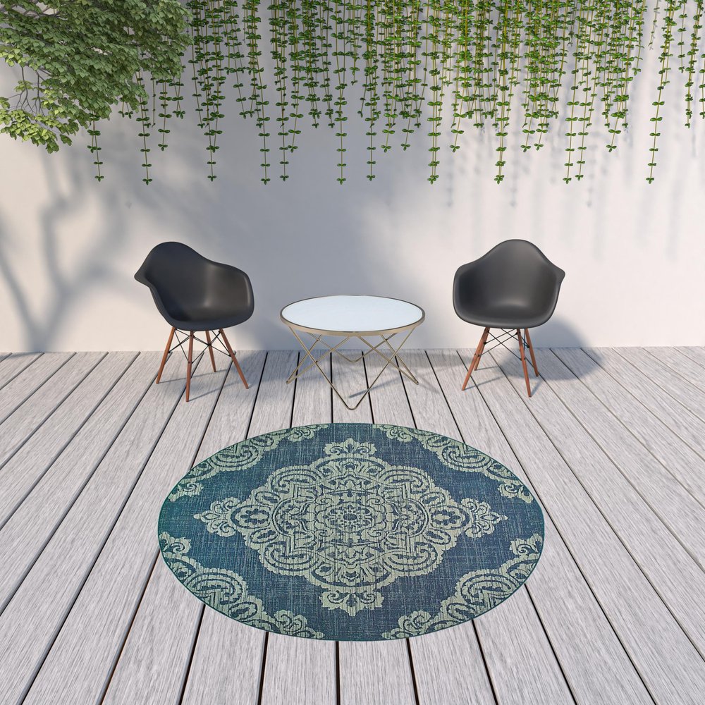 2' X 4' Blue Oriental Stain Resistant Indoor Outdoor Area Rug