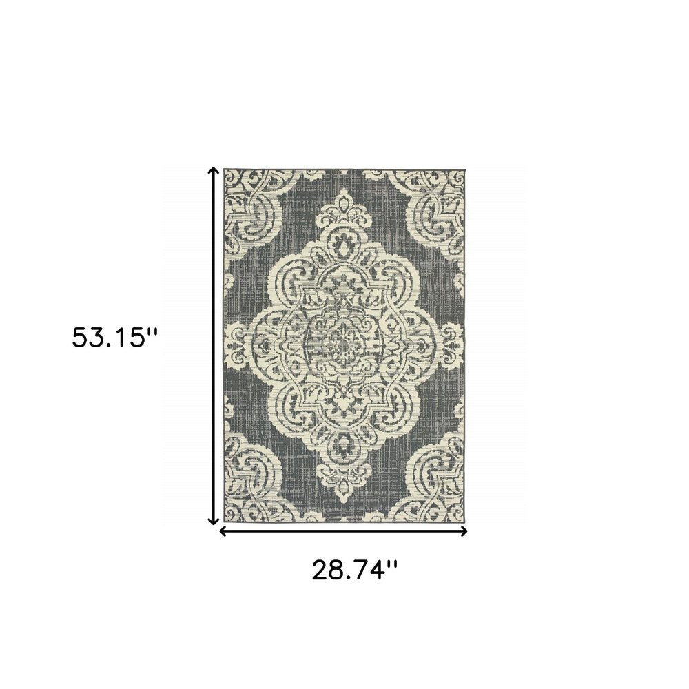 2' X 4' Blue Oriental Stain Resistant Indoor Outdoor Area Rug