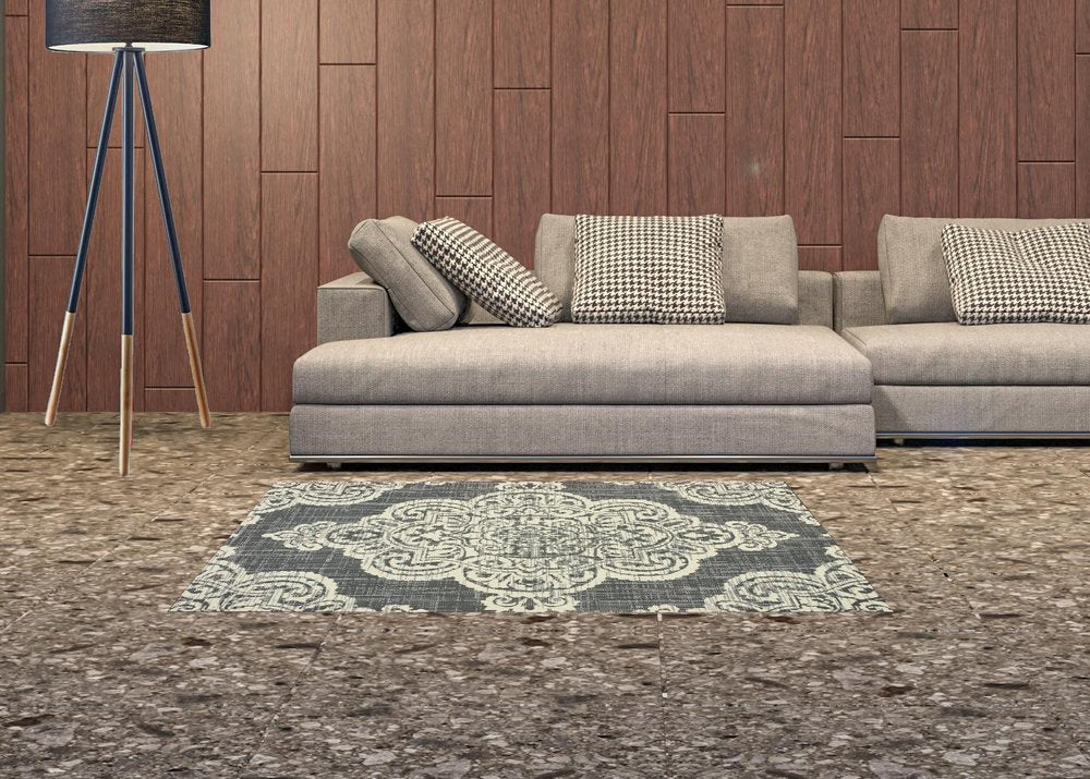 2' X 4' Blue Oriental Stain Resistant Indoor Outdoor Area Rug