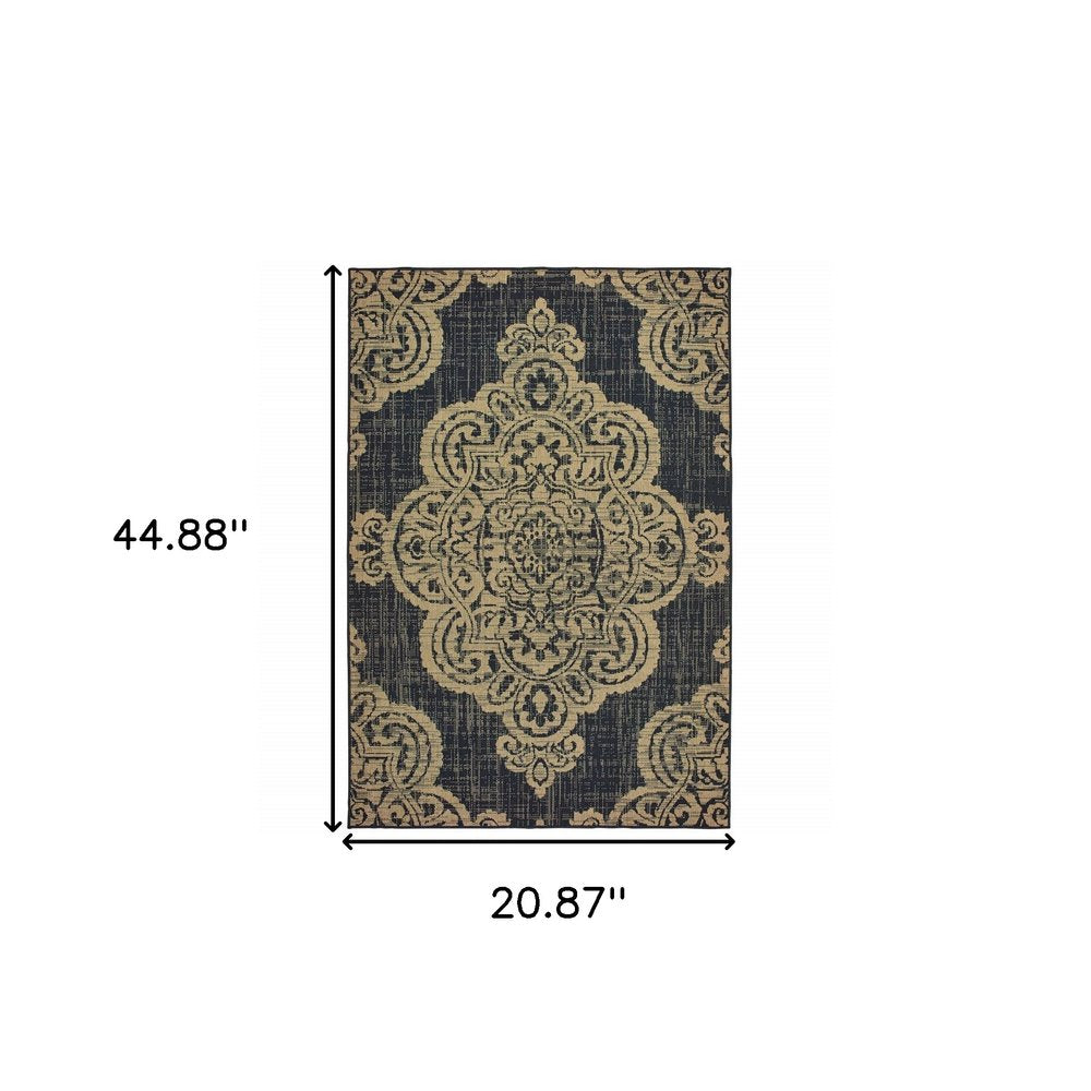 2' X 4' Blue Oriental Stain Resistant Indoor Outdoor Area Rug