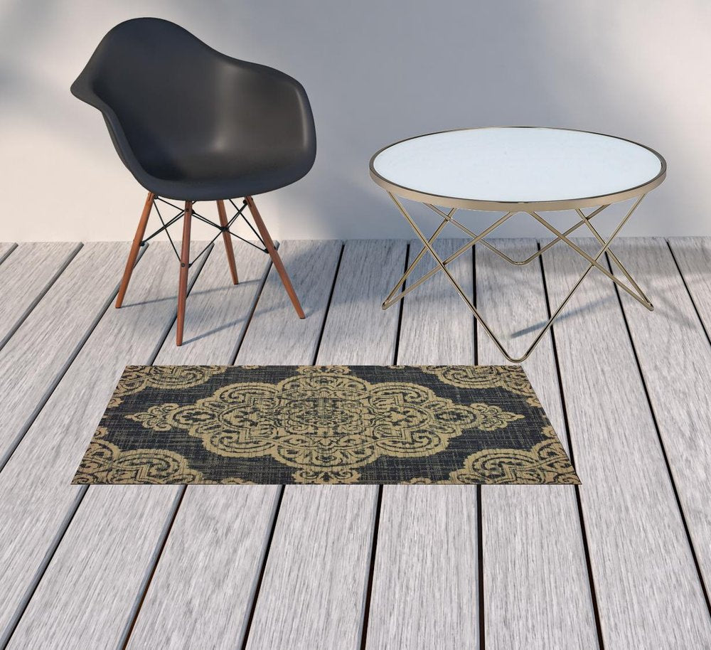 2' X 4' Blue Oriental Stain Resistant Indoor Outdoor Area Rug