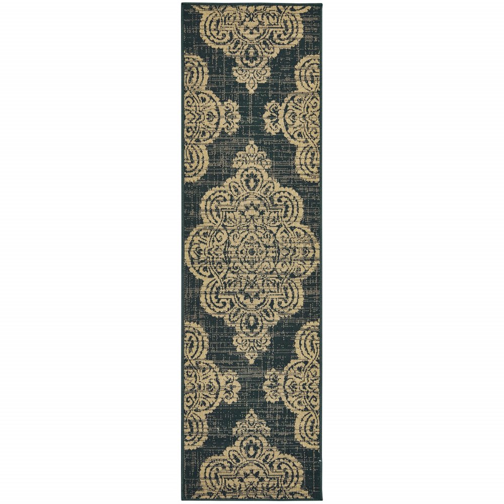 2' X 4' Blue Oriental Stain Resistant Indoor Outdoor Area Rug