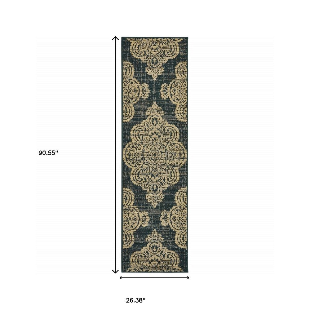 2' X 4' Blue Oriental Stain Resistant Indoor Outdoor Area Rug