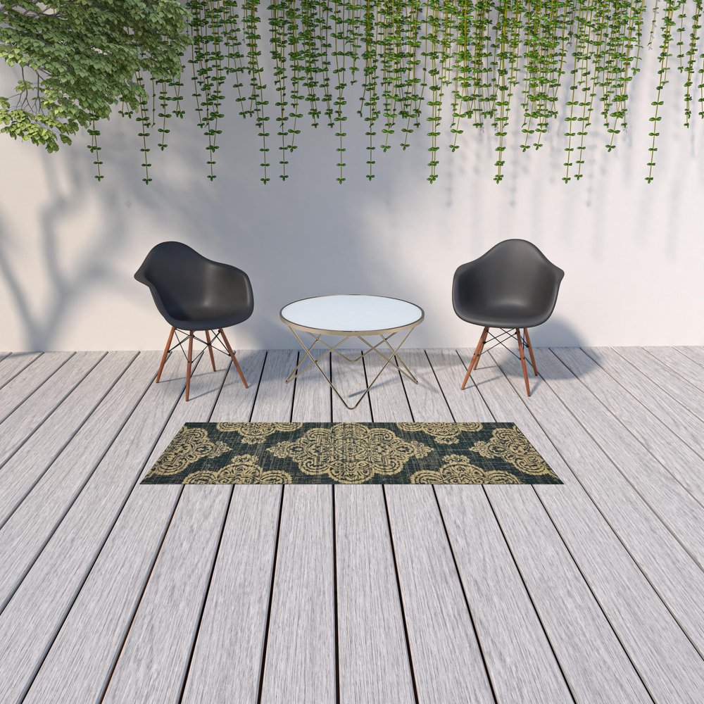 2' X 4' Blue Oriental Stain Resistant Indoor Outdoor Area Rug