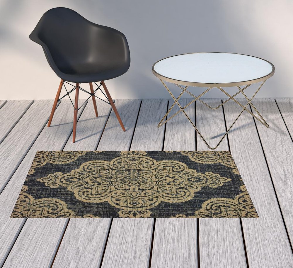 2' X 4' Blue Oriental Stain Resistant Indoor Outdoor Area Rug