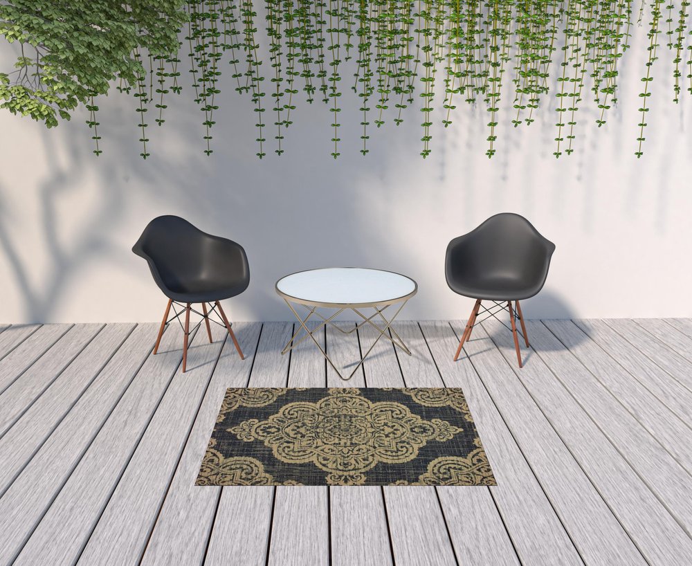 2' X 4' Blue Oriental Stain Resistant Indoor Outdoor Area Rug