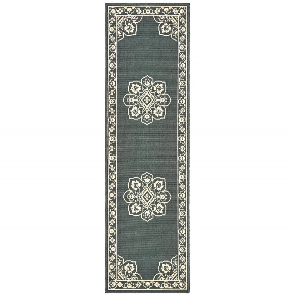 2' X 4' Gray and Ivory Oriental Stain Resistant Indoor Outdoor Area Rug
