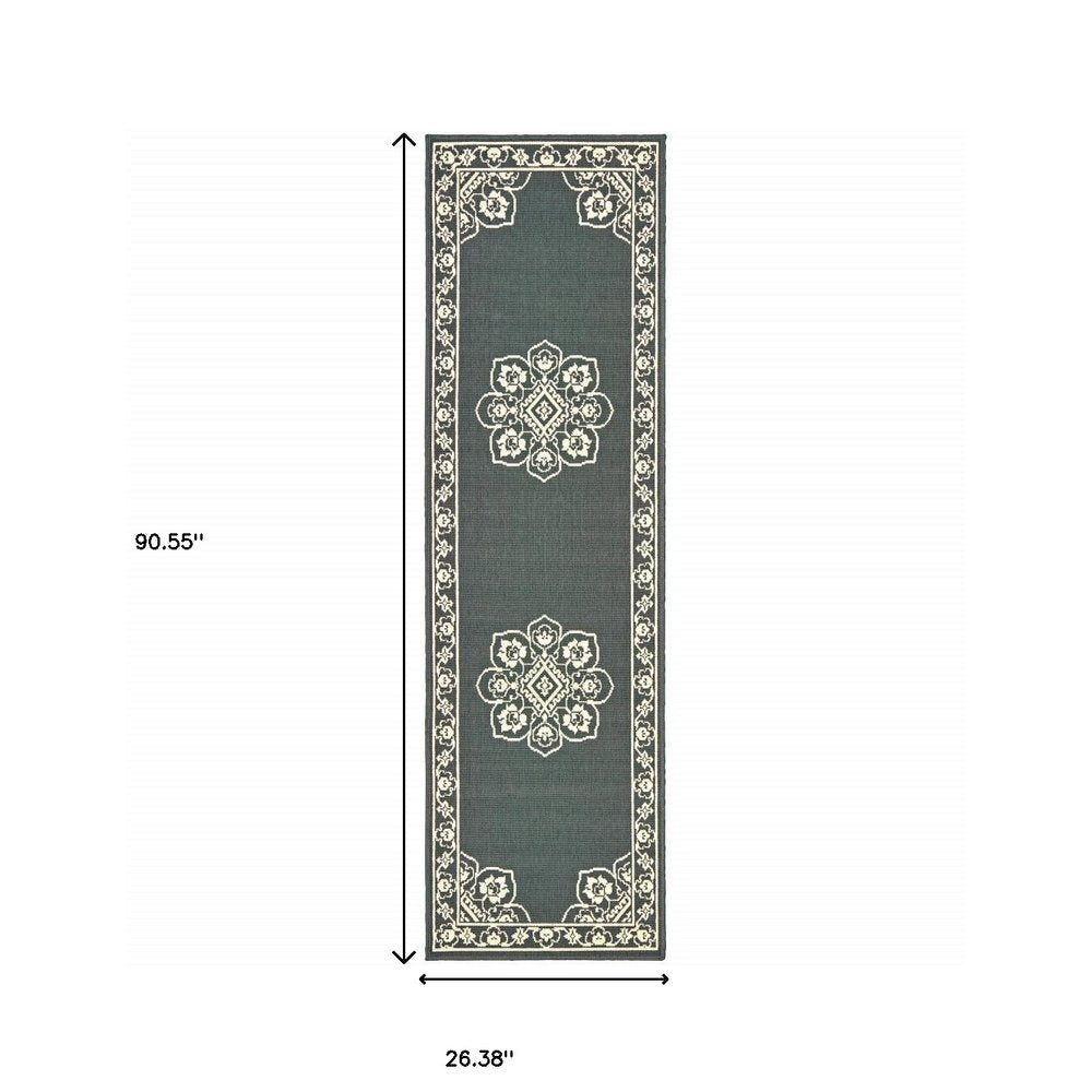 2' X 4' Gray and Ivory Oriental Stain Resistant Indoor Outdoor Area Rug