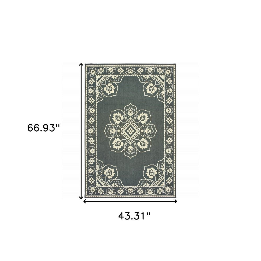 2' X 4' Gray and Ivory Oriental Stain Resistant Indoor Outdoor Area Rug