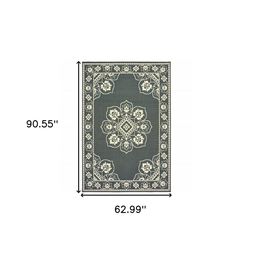 2' X 4' Gray and Ivory Oriental Stain Resistant Indoor Outdoor Area Rug