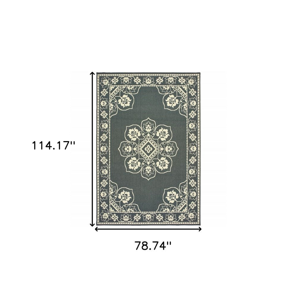 2' X 4' Gray and Ivory Oriental Stain Resistant Indoor Outdoor Area Rug