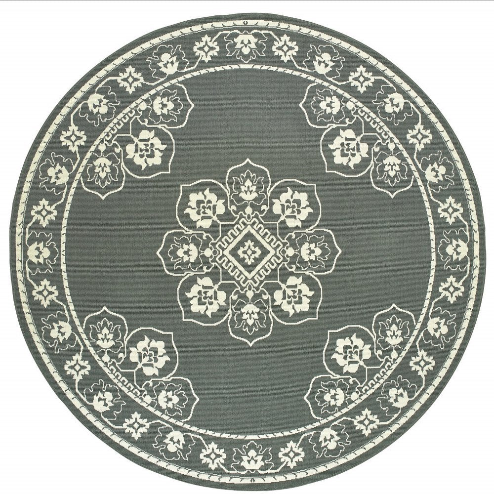 2' X 4' Gray and Ivory Oriental Stain Resistant Indoor Outdoor Area Rug